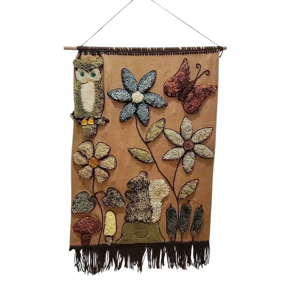 VINTAGE LARGE BOHO WALL HANGING LATCH HOOK OWL BUTTERFLY FLOWERS 70'S 39
